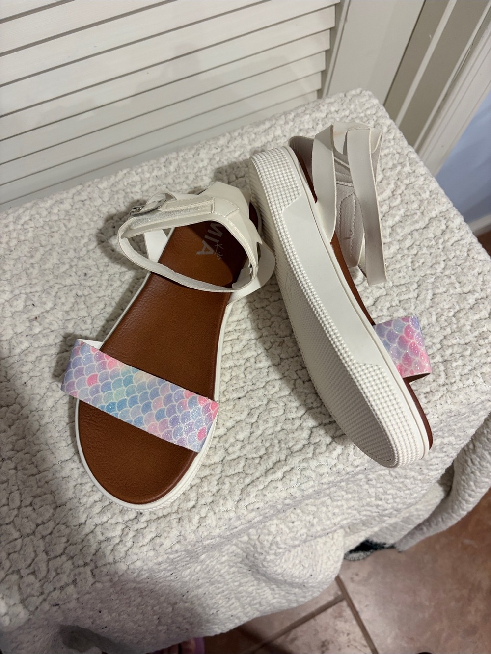 White Kids Platform Sandals with Pastel Mermaid-Scale Strap